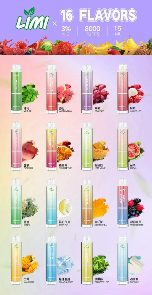 LIMI 8000口拋棄式電子煙｜15ml油倉 3%尼古丁鹽 發光設計 Type-C快充 台灣現貨